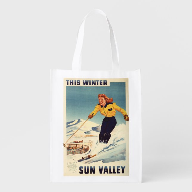 Red-headed Woman Smiling and Skiing Poster Reusable Grocery Bag (Front)
