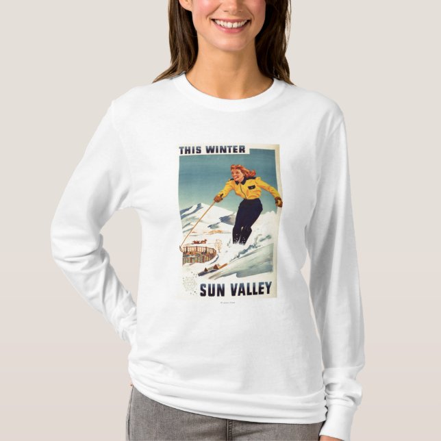 Red-headed Woman Smiling and Skiing Poster T-Shirt (Front)