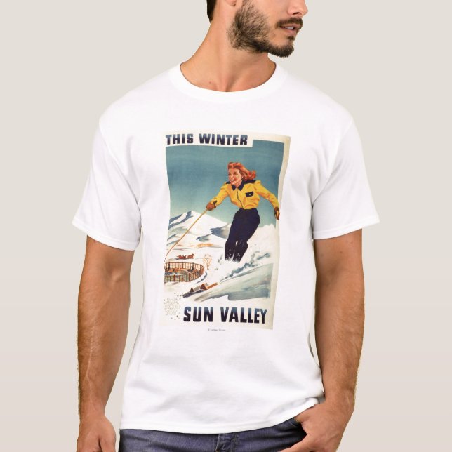 Red-headed Woman Smiling and Skiing Poster T-Shirt (Front)