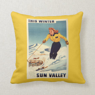 Red-headed Woman Smiling and Skiing Poster Throw Pillow