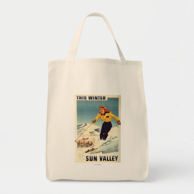 Red-headed Woman Smiling and Skiing Poster Tote Bag (Front)