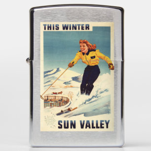 Red-headed Woman Smiling and Skiing Poster Zippo Lighter