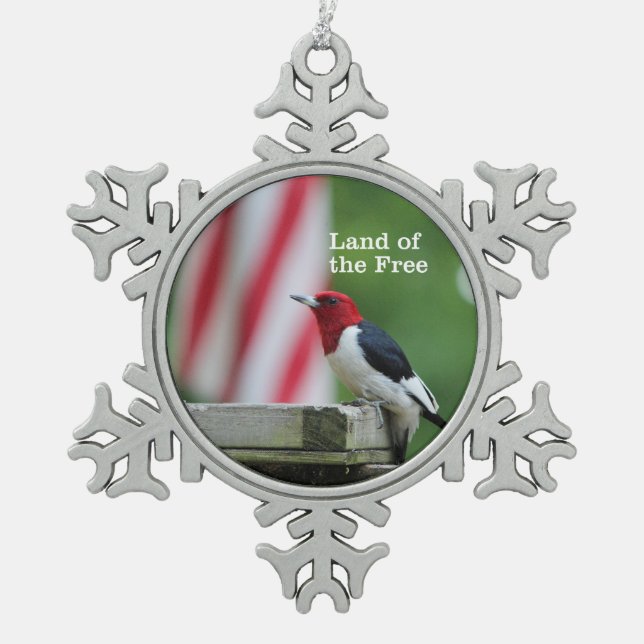 Red-headed Woodpecker Snowflake Pewter Christmas Ornament (Front)