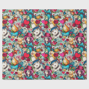 Red Heart Alice Tea Party Theme Wrapping Paper