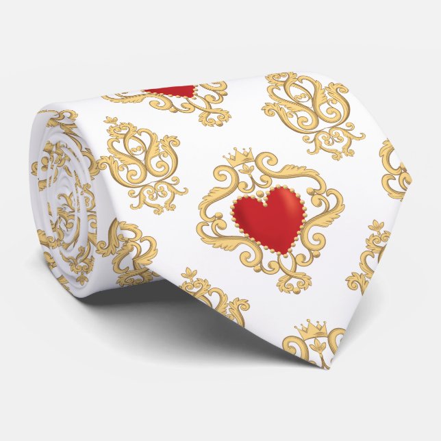 Red Heart And Gold Swirl Neck Tie (Rolled)