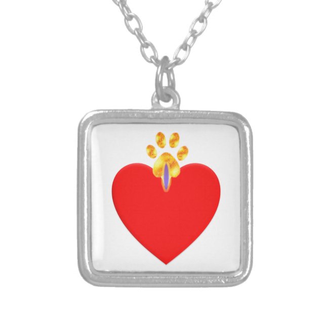Red heart and golden paw silver plated necklace (Front)