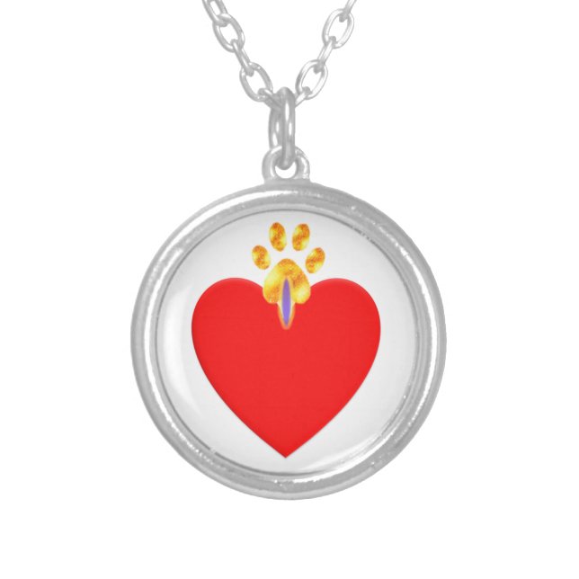 Red heart and golden paw silver plated necklace (Front)