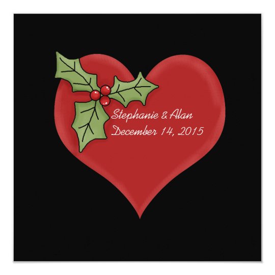 Red Heart and Green Holly Christmas Wedding Card
