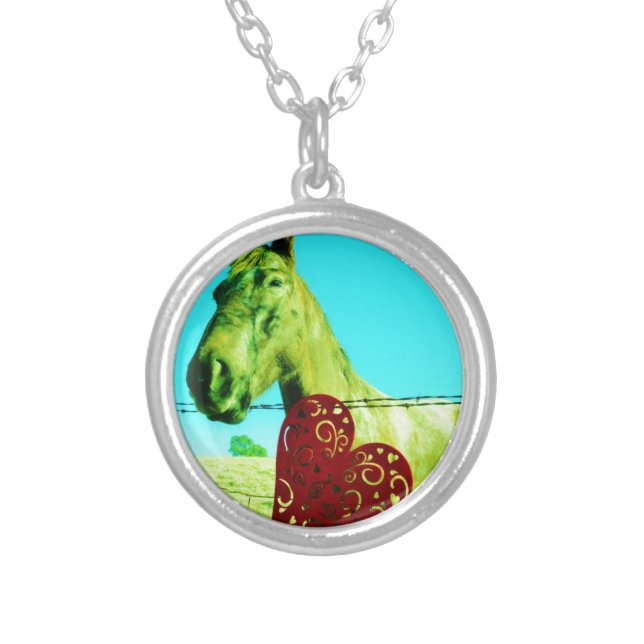 Red Heart and  Horse Silver Plated Necklace (Front)