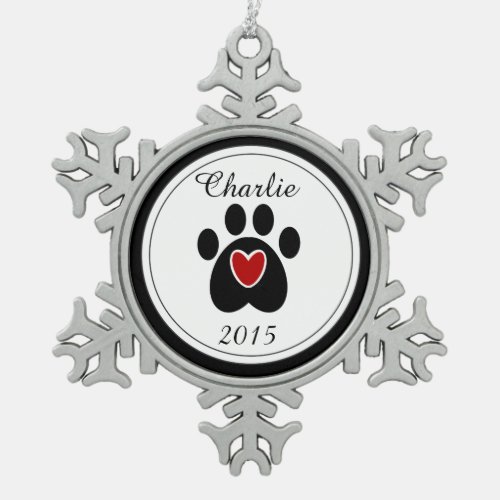 Red Heart and Paw Print Snowflake Pewter Christmas Ornament