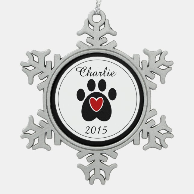 Red Heart and Paw Print Snowflake Pewter Christmas Ornament (Front)
