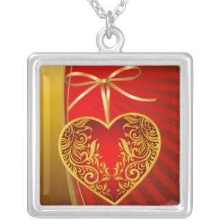 Red Heart and Ribbon Bow Personalized Necklace