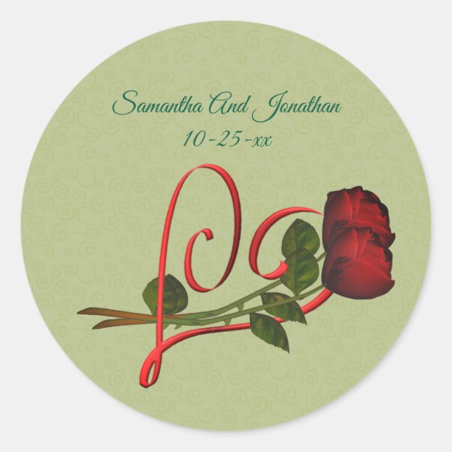 Red Heart And Roses Personalized Wedding  Classic Round Sticker (Front)