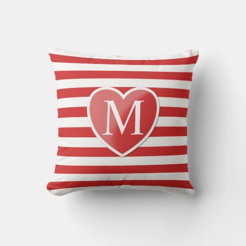 Red Heart and Striped Monogram Throw Pillow