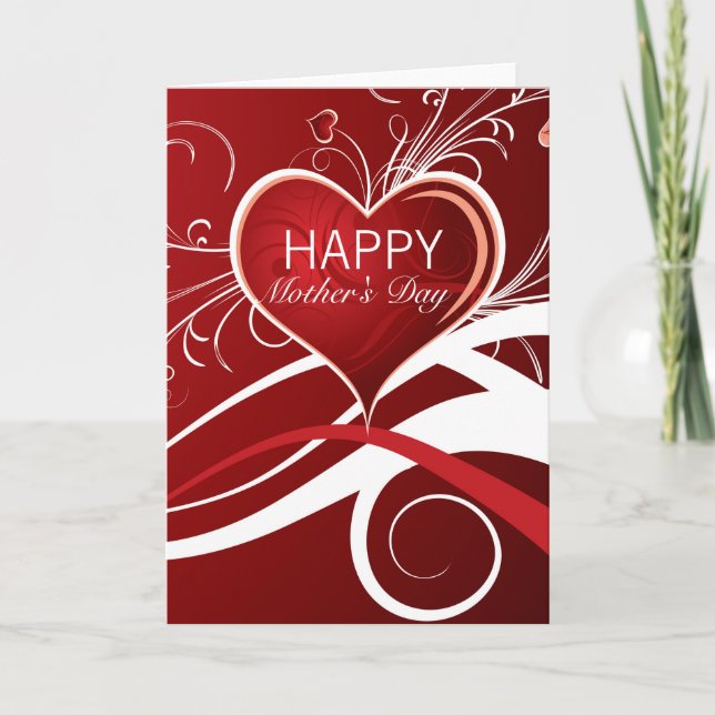 Red Heart And White And Red Swirls- Mother's Day Card (Front)