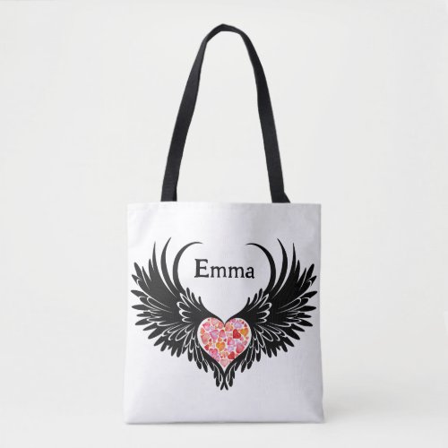 Red heart angel black wings tote bag