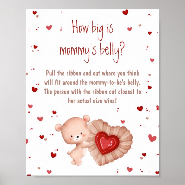 Red Heart Baby Shower How Big Is Mommy's Belly Poster (Front)