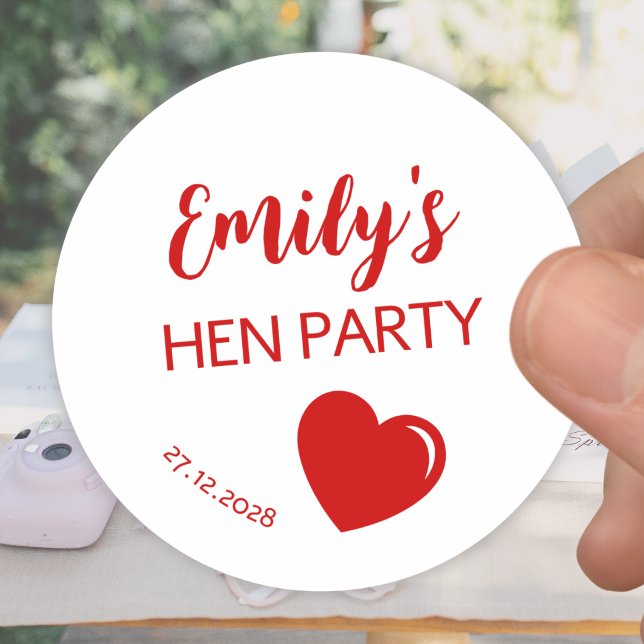 Red Heart Bachelorette Hen Party Classic Round Sticker (Creator Uploaded)