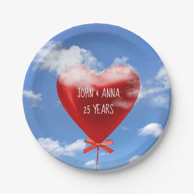 Red heart balloon in clouds for 25th anniversary paper plates (Front)