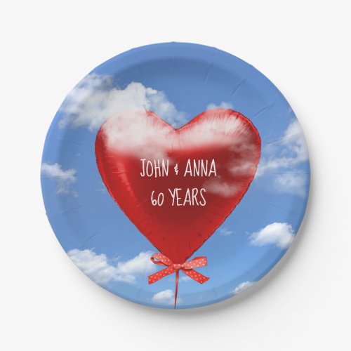 Red heart balloon in clouds for 60th anniversary paper plates