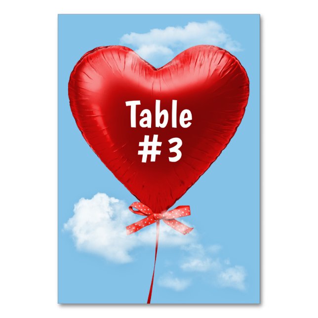 Red Heart Balloon in Clouds Table Number (Front)