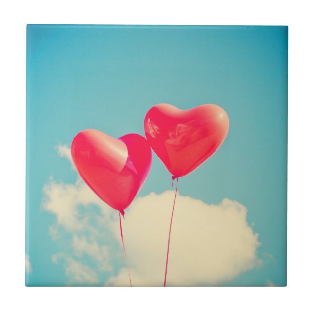 Red Heart Balloons Against Cloudy Sky Ceramic Tile (Front)