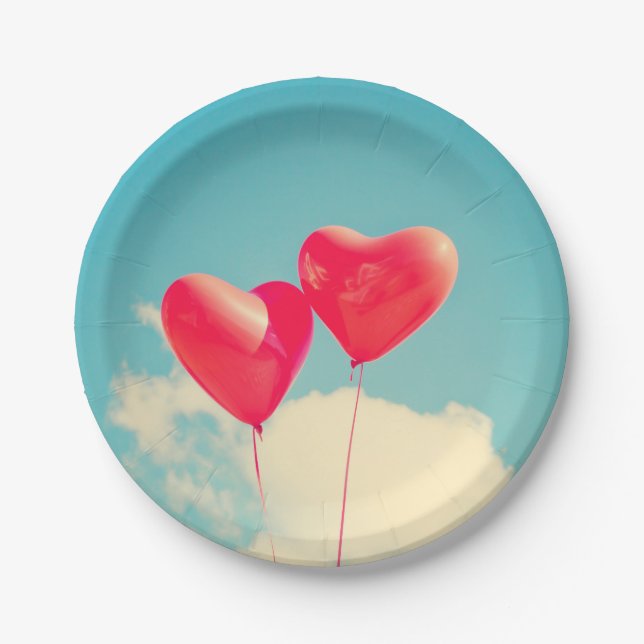 Red Heart Balloons Against Cloudy Sky Paper Plates (Front)