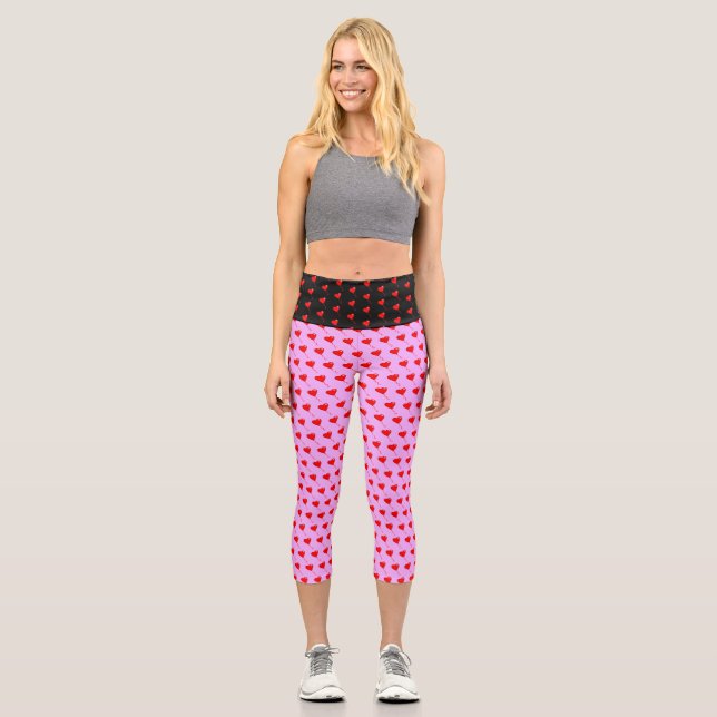 Red Heart Balloons Black Purple Pink Valentines Capri Leggings (Front)