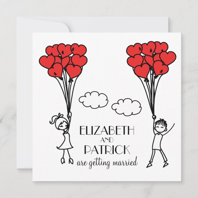 Red Heart Balloons Doodles Wedding Invitation (Front)
