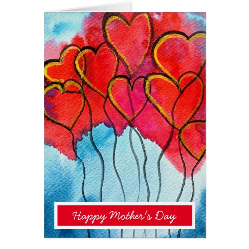 Red heart balloons Mothers Day watercolor