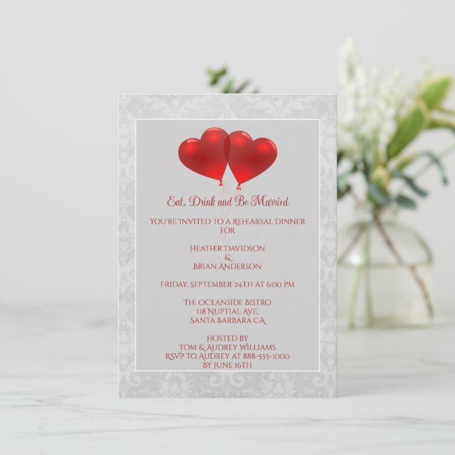 Red Heart Balloons Rehearsal Dinner Invitation (Standing Front)