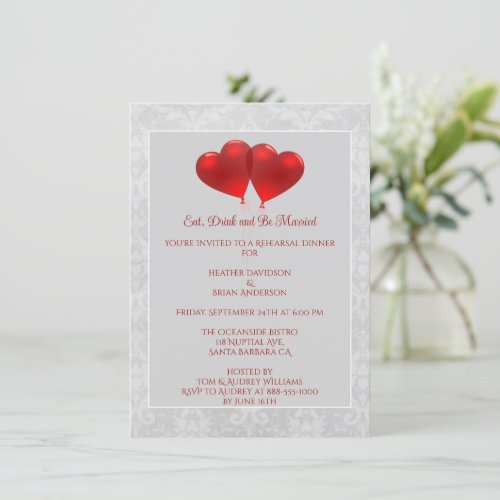 Red Heart Balloons Rehearsal Dinner Invitation