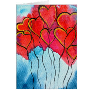 Red heart balloons Valentine watercolor Cards