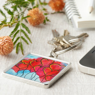 Red heart balloons Valentine watercolor Keychain