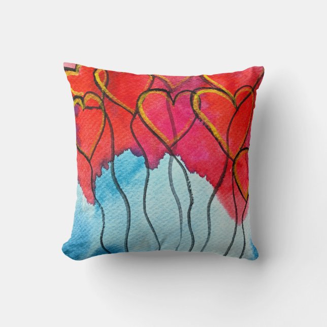 Red heart balloons Valentine watercolor Throw Pillow (Front)