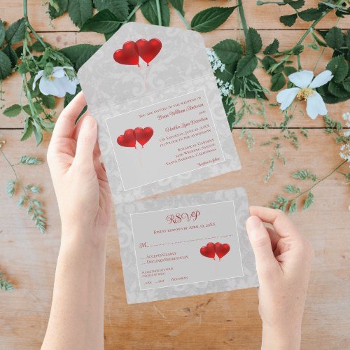 Red Heart Balloons Wedding All In One Invitation