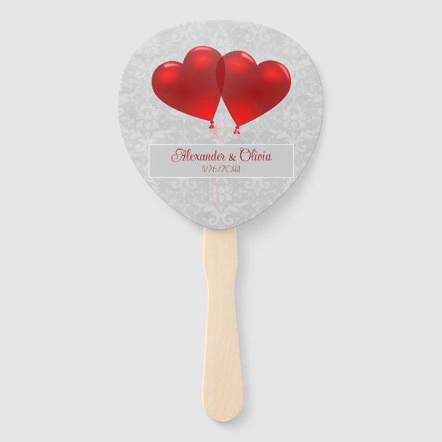 Red Heart Balloons Wedding Favor Hand Fan (Front)