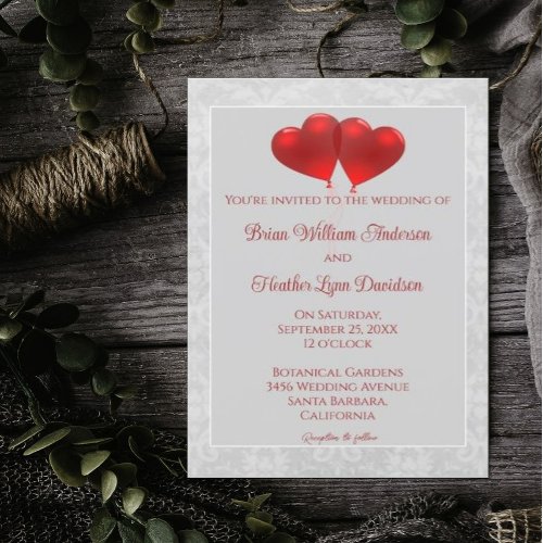 Red Heart Balloons Wedding Invitation