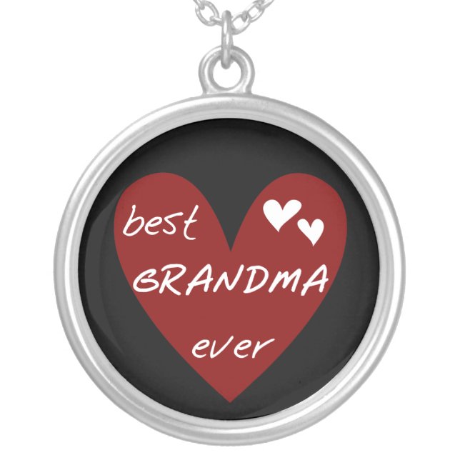 Red Heart Best Grandma Ever T-shirts and Gifts Silver Plated Necklace (Front)