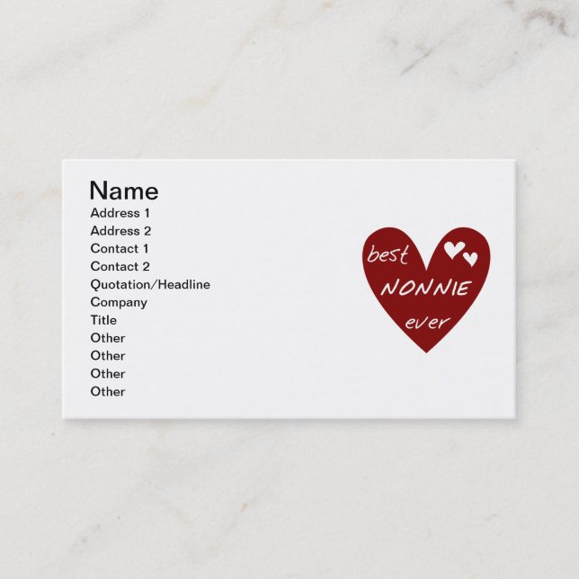 Red Heart Best Nonnie Ever T-shirts and Gifts Business Card (Front)