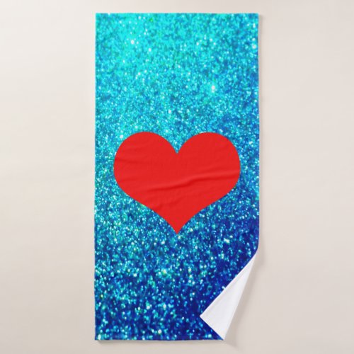 Red Heart Big Teal Blue Glitter Cute Sparkly 2021 Bath Towel Set