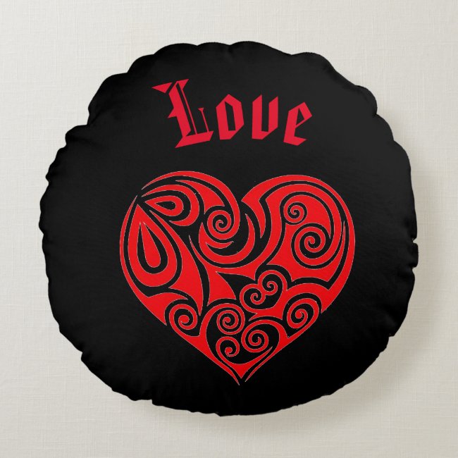 Red Heart Black Round Pillow