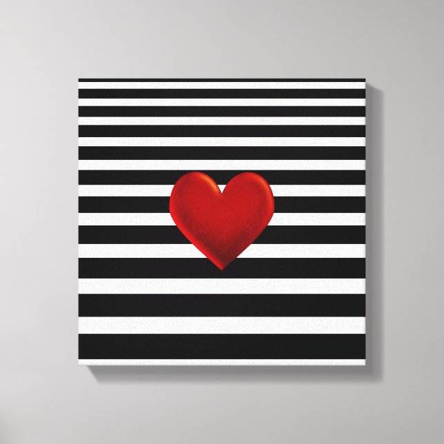 Red Heart Black White Stripes Canvas Print (Front)