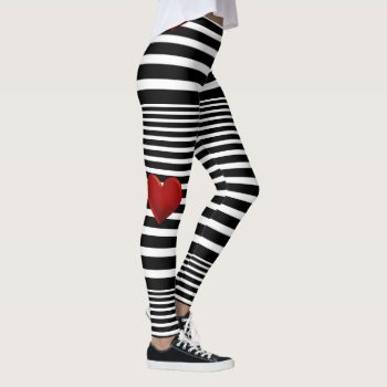 Red Heart Black White Stripes Leggings by opheliasart at Zazzle