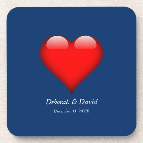 Red Heart Blue Modern Minimalist Wedding Beverage Coaster