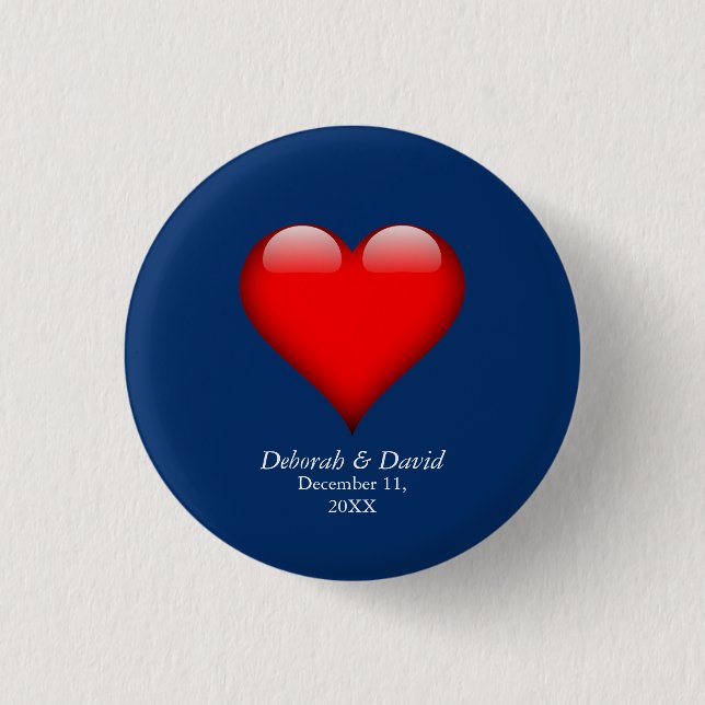 Red Heart Blue Modern Minimalist Wedding Button (Front)
