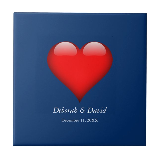 Red Heart Blue Modern Minimalist Wedding Ceramic Tile (Front)