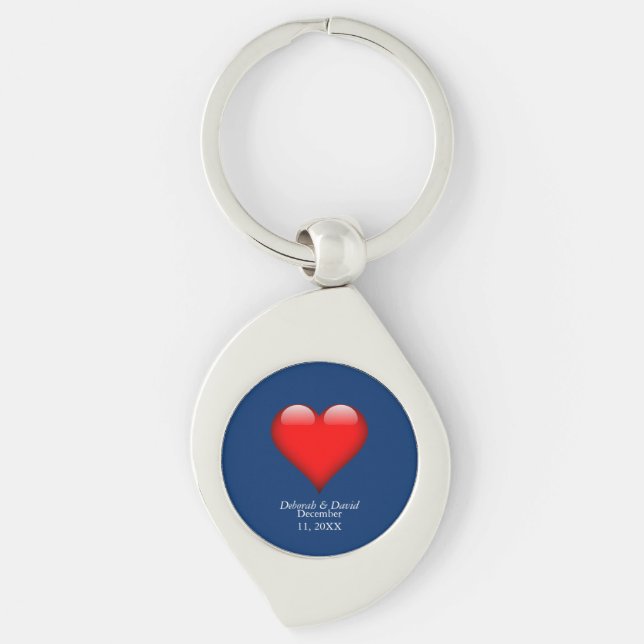 Red Heart Blue Modern Minimalist Wedding Keychain (Front)