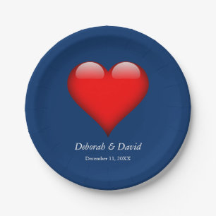 Red Heart Blue Modern Minimalist Wedding Paper Plates