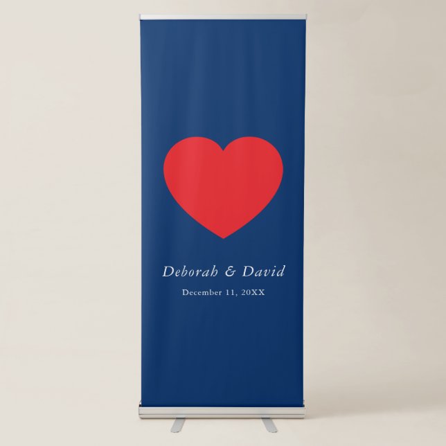 Red Heart Blue Modern Minimalist Wedding Retractable Banner (Front)